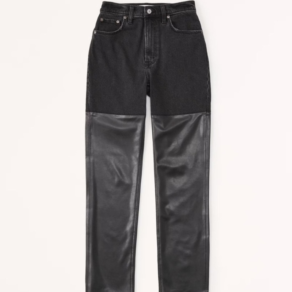 Long Black Vintage Straight Jeans with Leather Legs